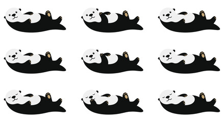Fototapeta premium Adorable black and white sea otter mascot collection showing different expressions. Minimalist animal drawing of marine mammals swimming on water for wildlife education design.