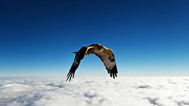 Majestic hawk soaring above the clouds against a clear blue sky, demonstrating freedom and wildlife