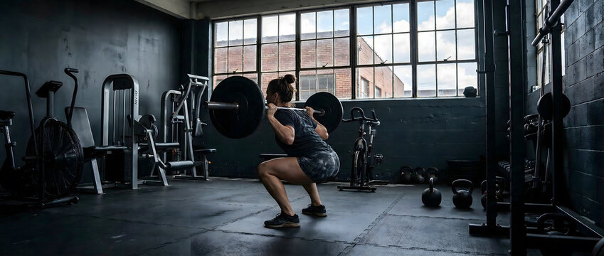 Woman performing barbell squats in a dimly lit industrial-style gym with natural light from large windows