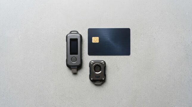 Secure Hardware Token Device Arranged in Flat Lay with Smart Card