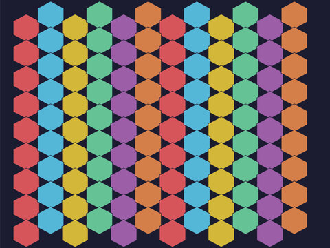 Hexagonal Mosaic: A vibrant array of precisely arranged hexagons, each a different color, forms an eye-catching mosaic, creating a dynamic visual experience.
