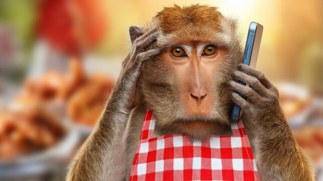 Monkey in Apron Holding Phone While Thinking in a Simple Kitchen Setting