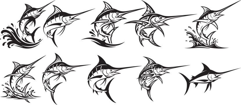 Jumping Marlin and Sailfish Silhouette, Dynamic Black and White Marlin Sailfish Jumping Silhouette, Billfish Mascot for Sportfishing, Powerful Billfish Marlin Sailfish Jumping