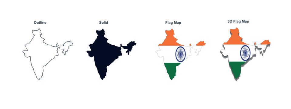india map vector illustration outline solid flag map and 3d flag map on white background