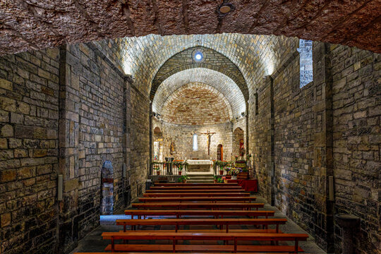 Interior of the Romanesque Holy Mary Church, Iglesia de Santa Maria in Ainsa, Spain. Pyrenean village in Huesca