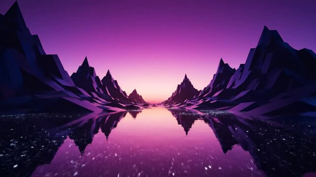 Low poly mountain landscape reflecting in the water with a gradient of vibrant sunset colors