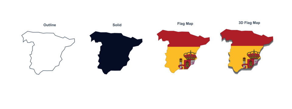 spain map vector illustration outline solid flag map and 3d flag map on white background