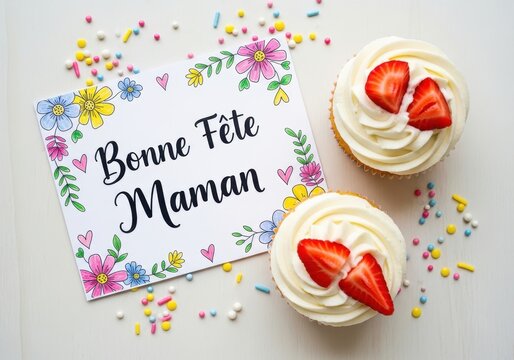 Bonne fte maman greeting card with cupcakes and strawberries