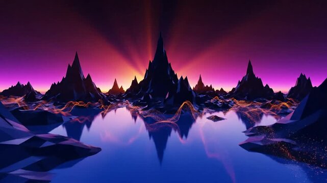 Abstract digital landscape of low poly mountains reflecting in serene water with a beautiful sunset in the background