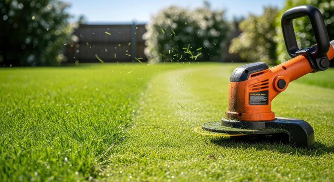 Cordless grass trimmer on a freshly cut, striped lawn in a sunny backyard. Gardening, outdoor maintenance and summer home landscaping.
