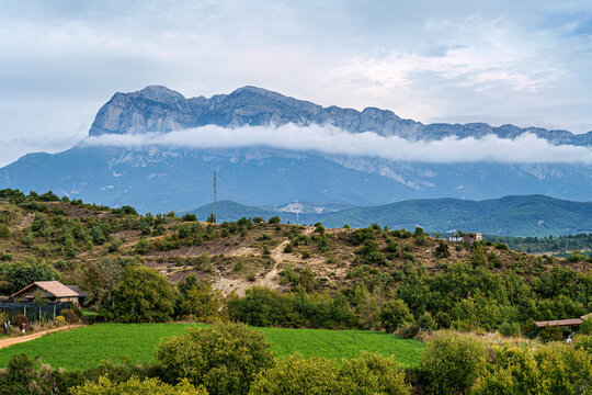 Landscape view from Ainsa Castle in the medieval village of Ainsa in Spain surrounded by stone walls