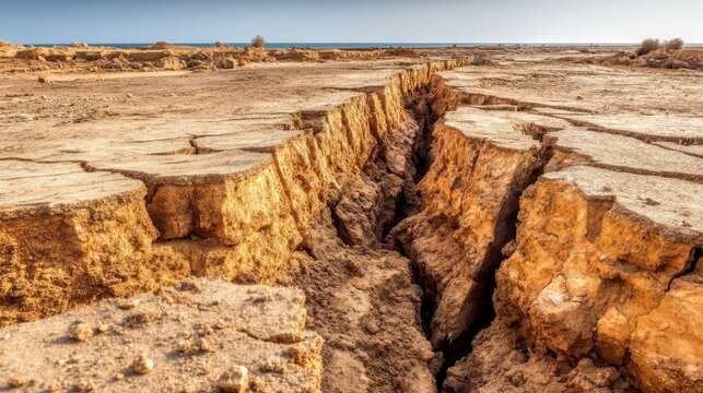 Deep Eroded Layers of Sediment on Dried Riverbed in Natural Landscape