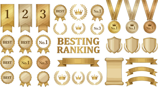 Vector set of golden achievement awards featuring medals, best ranking ribbons, elegant laurel wreaths, winner shields, champion crowns, and vintage scrolls on transparent background.