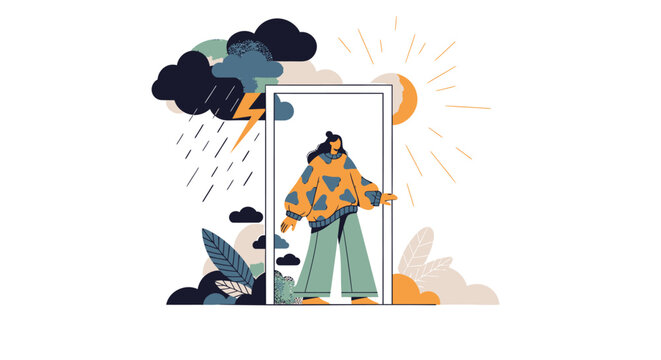 Doorway to new opportunities, optimistic illustration, sunny outlook, person entering new chapter