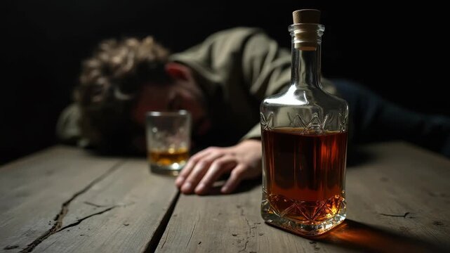 Unconscious Person and Bottle on Weathered Wood Table: Gritty Scene of Alcohol Abuse, Neglect, Addiction, and Personal Struggle 
