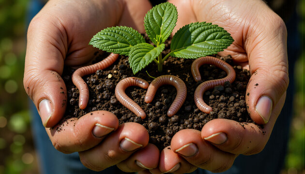 Hands holding soil with worms and a young plant in garden setting  