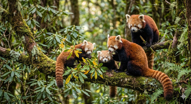 An adorable endangered red panda, also known as the lesser bear or Ailurus fulgens, sits in a tree eating bamboo amid the wild nature of China
