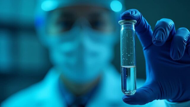 Scientist in protective laboratory equipment holding test tube representing medical research and biotechnology. 
