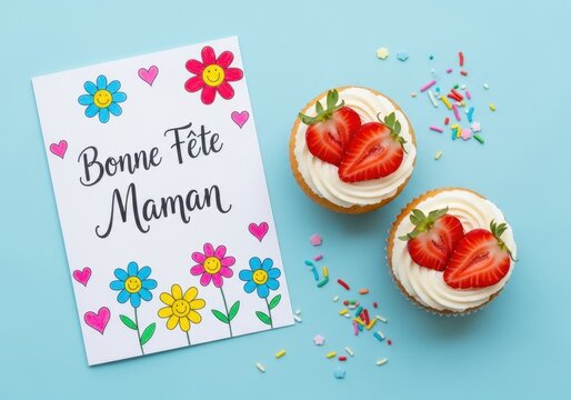 Bonne fte maman greeting card with cupcakes and strawberries on blue background