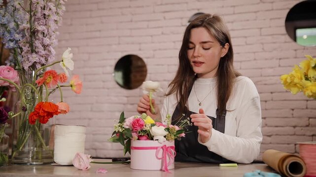 Female florist creating flower arrangement in a pink hat box for a customer, working in her small business flower shop