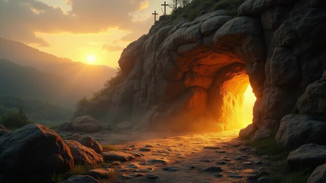 Empty tomb of Jesus Christ with glowing light inside a stone cave. Resurrection of Christ in morning sunrise with three crosses on background hill. Religious christian easter concept.