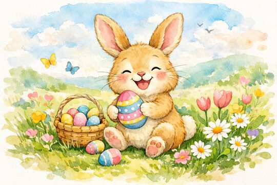 Story Book Cute Easter Bunny in a Spring Meadow. Watercolor Style
