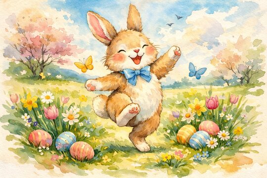 Storybook Easter Bunny Dancing in a Spring Meadow. Watercolor Style