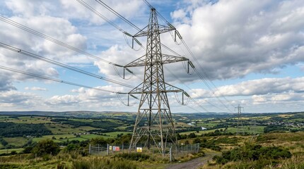 Obraz premium A power transmission tower stands tall amidst lush green countryside under a cloudy sky with overhead power lines
