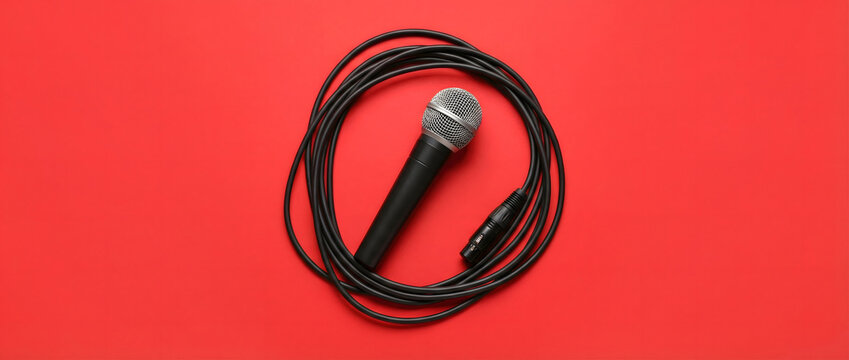 Black microphone with coiled cable on vibrant red background in flat lay composition