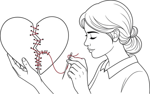 An illustration of a determined woman carefully mending a broken heart with needle and red thread, symbolizing emotional healing and recovery from pain.