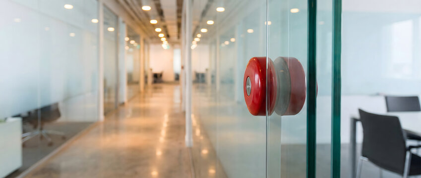 Modern office corridor with glass partitions and a red fire alarm button mounted on transparent wall