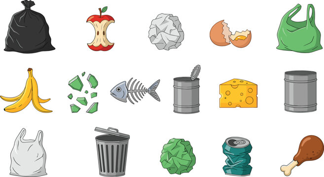 Garbage and Waste Collection Vector Illustration Set Featuring Trash Bags Food Scraps Recyclable Materials and Organic Waste for Environmental and Recycling Design Projects