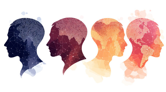 Four stylized human head profiles, colored gradients with abstract network and map designs