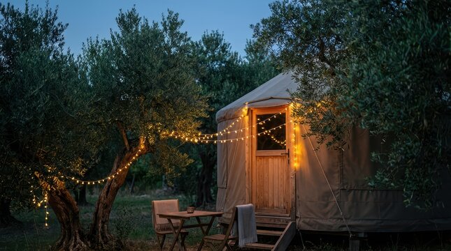 Canvas yurt lit with string lights in olive grove evening