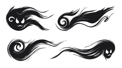 Fototapeta premium Four black ghost-like brush stroke shapes with angry faces on a white background