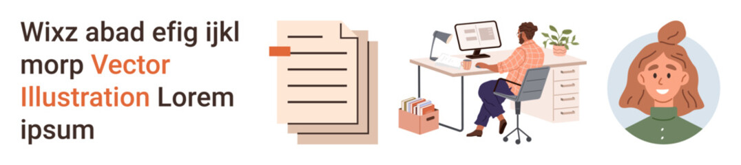 Remote work, digital communication, workplace productivity, online collaboration, file sharing, business management. Professional working on a computer, documents and a profile portrait. Remote work © robu_s