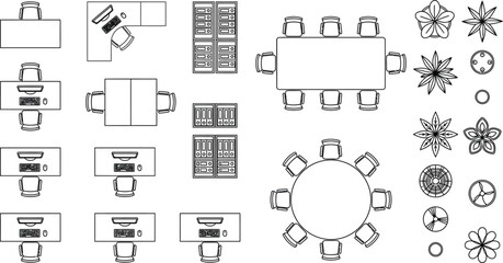 Office interior design symbols, top-down 2D vector set, CAD blocks of desks chairs tables storage plants vector illustration © PrimePixel Co