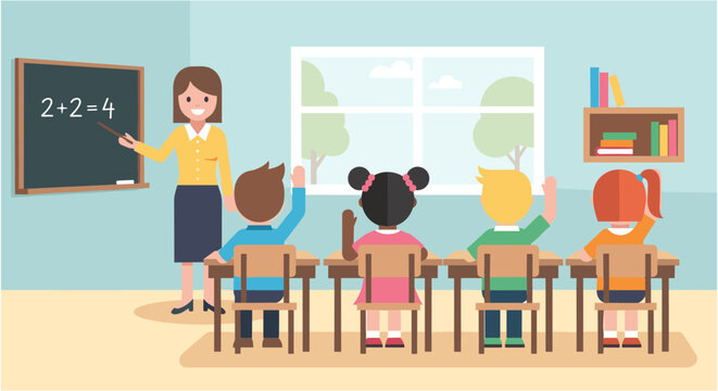 Teacher and students in classroom with math equation on blackboard in colorful cartoon style for education