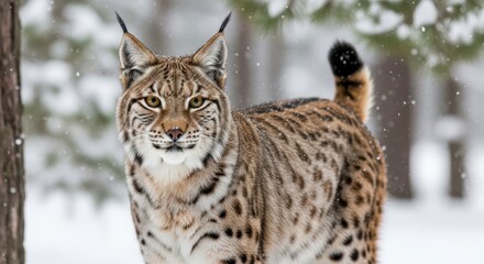 Fototapeta premium A bobcat stands in a snowy forest, looking directly at the camera with its distinctive tufted ears and spotted fur.