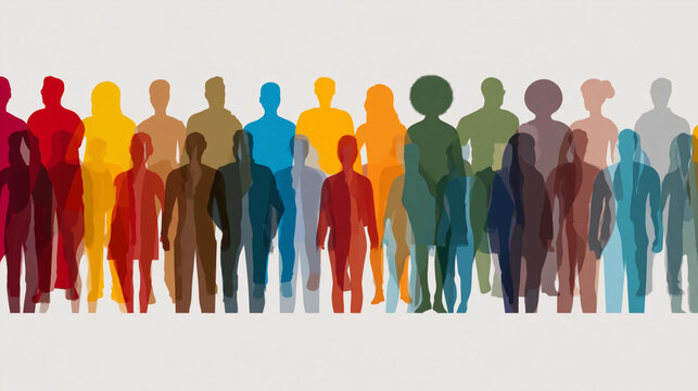 Unified Diversity: A colorful assembly of human silhouettes stands united, each individual a unique hue representing a vibrant tapestry of backgrounds and experiences.
