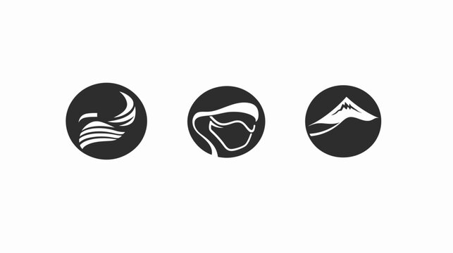 Three minimalist logos in black circles bird, woman in mask, and a mountain