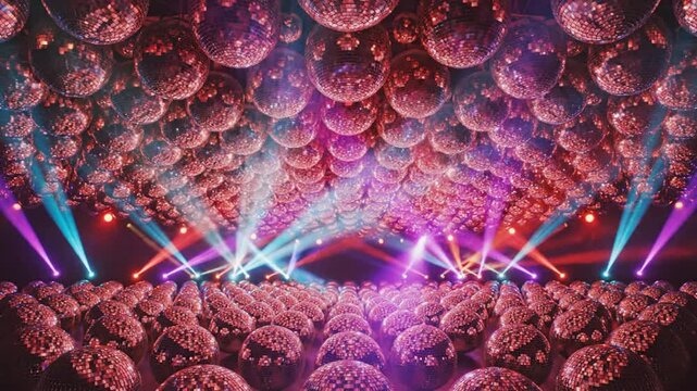 Vibrant lights illuminate numerous pink brain-like objects in a dark setting