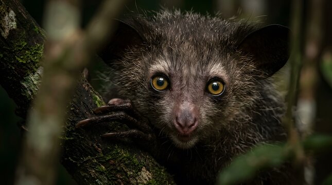  a rare aye aye with large reflective eyes and delicate fingers visible near the face.