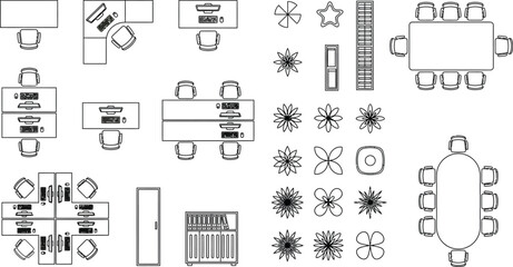 Office furniture symbols, top-down floor plan vector set, 2D CAD office desks chairs tables storage vector illustration © PrimePixel Co