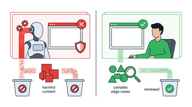 A comparative illustration shows an AI robot automatically filtering harmful content versus a human moderator carefully reviewing complex edge cases for content safety.
