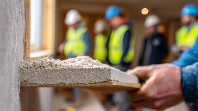 Closeup view of wall baffles being mounted along classroom walls focusing on the workers hands and tools while the rest of the room fades into soft focus.