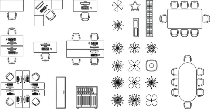 Office furniture symbols, top-down floor plan vector set, 2D CAD office desks chairs tables storage vector illustration