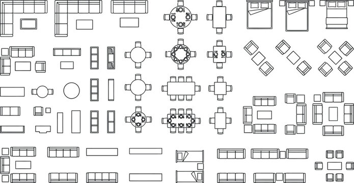 Architectural furniture symbols, floor plan vector set, 2D top-down interior design elements, CAD blocks, sofas beds tables chairs storage vector illustration