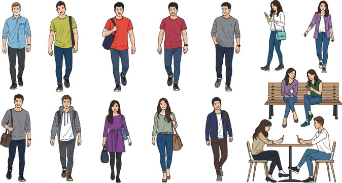 Architectural People Elevation flat Vector Set, Front Side Rear Views, Diverse Characters Walking Sitting Talking, Realistic Minimal Urban Lifestyle Figures for Sections Infographics Design