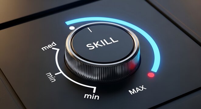 A close-up view of a control dial labeled 'SKILL' with adjustable settings from 'min' to 'MAX', illuminated with a glowing blue indicator, suggesting a concept of proficiency or expertise.